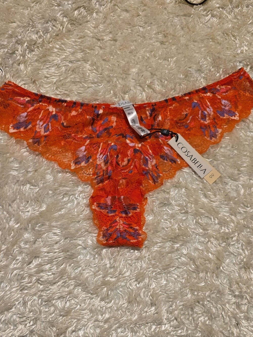 NWT Cosabella Orange Floral Lace Thong with Purple Accents